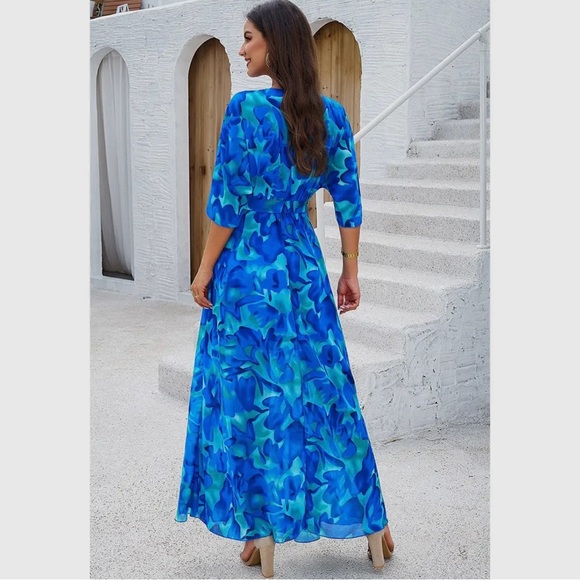 330- Floral Cross V Neck Belt Side Open Fit Dress - Picture 3 of 3